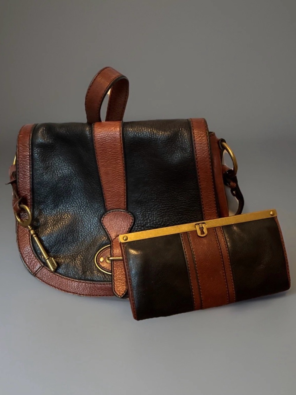 Fossil Black and Brown Leather Messenger Bag with Matching Wallet
